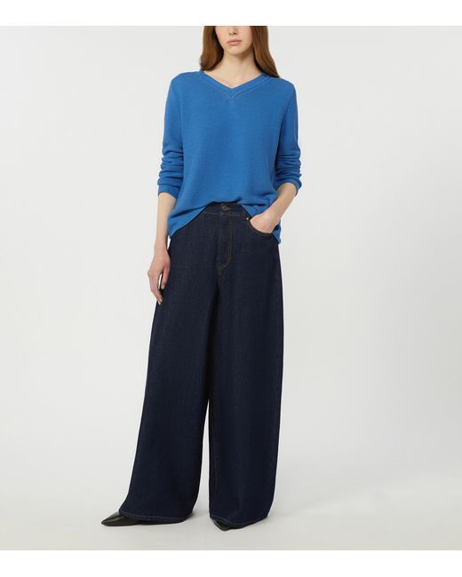 Weekend by Maxmara Blue Cotton V-Neck Sweater