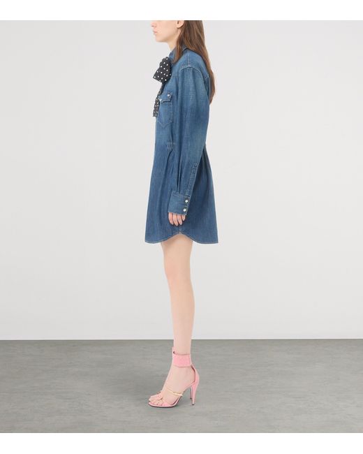 Valentino Blue Denim Polka-Dot Bow Shirt Dress