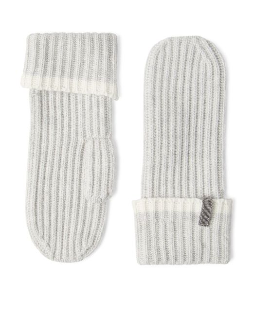 Brunello Cucinelli White Cashmere Monili-Trim Mittens