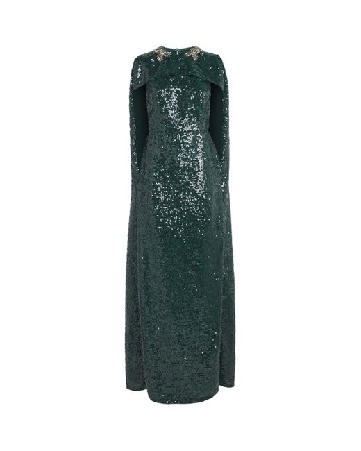 Erdem Green Sequinned Embellished Cape Gown