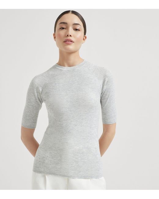 Brunello Cucinelli Gray Cashmere Sparkling Short-Sleeve Sweater
