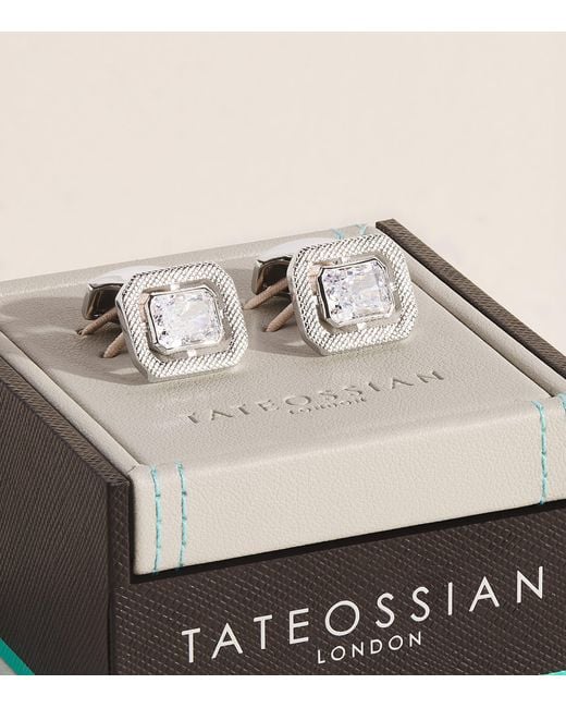 Tateossian Natural Rhodium-Plated And Cubic Zirconia Halo Rectangle Cufflinks for men