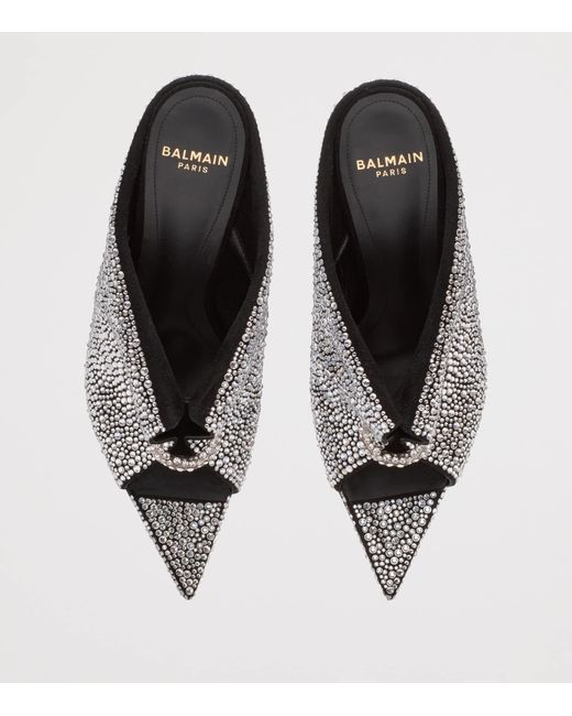 Balmain Gray Leather Rhinestone-Embellished Pierced Heeled Mules 95