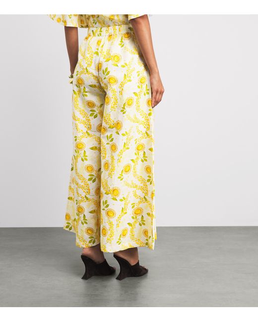 VERANDAH Yellow Linen-Cotton Floral Wide-Leg Trousers