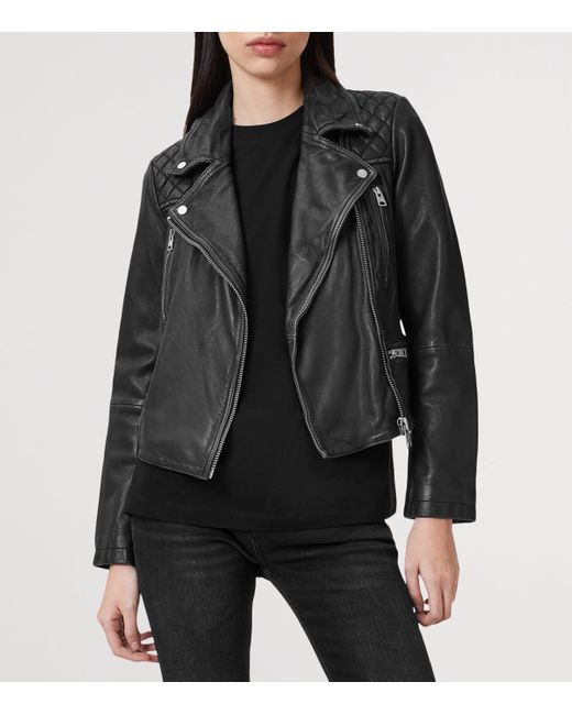 AllSaints Black Leather Cargo Biker Jacket