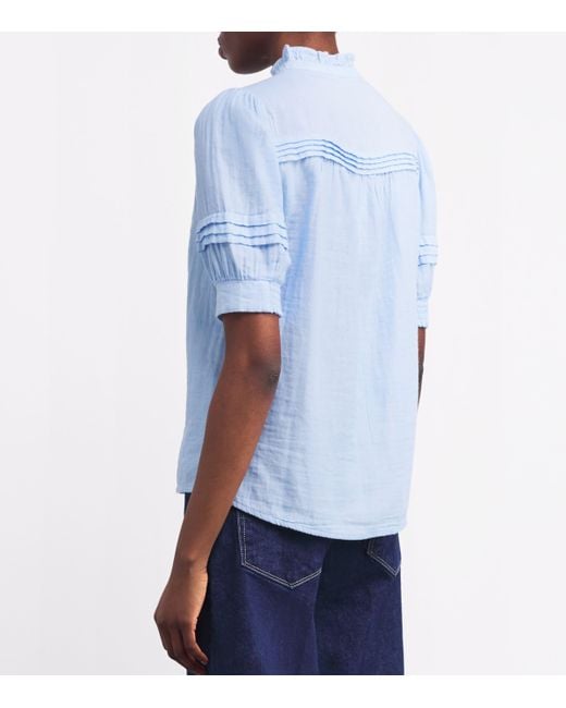 ME+EM Blue Cotton Frill-Trim Blouse