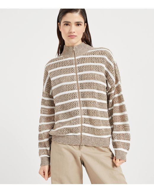 Brunello Cucinelli Brown Linen-Blend Stripe Cardigan