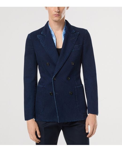 Tom Ford Blue Double-Breasted Denim Blazer for men