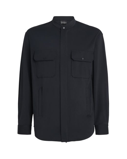 Emporio Armani Blue Stretch-Jersey Mandarin-Collar Shirt for men