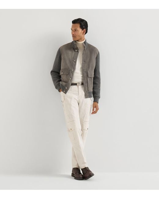 Brunello Cucinelli Gray Cotton-Suede Hybrid Bomber Jacket for men