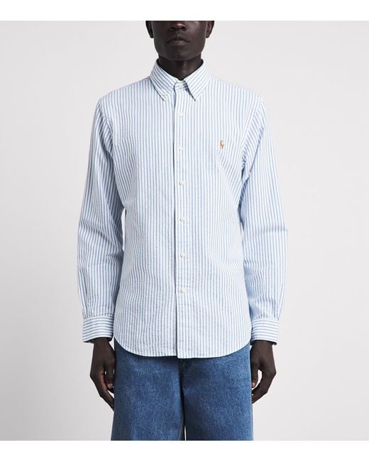 Polo Ralph Lauren Blue Cotton Seersucker Stripe Shirt for men