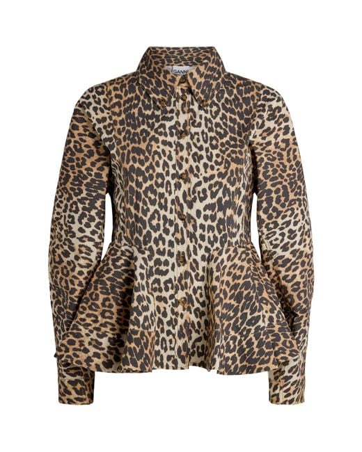 Ganni Brown Organic Cotton Leopard Peplum Shirt