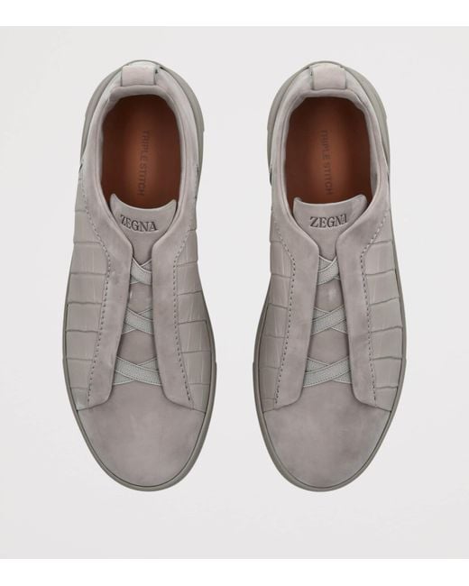 Zegna Gray Crocodile Leather Triple Stitch Secondskin Sneakers for men