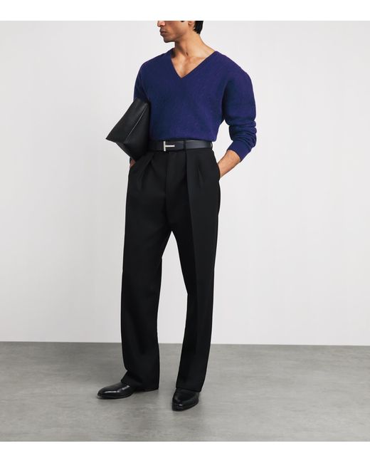 Tom Ford Blue Wool Cable-Knit V-Neck Sweater for men