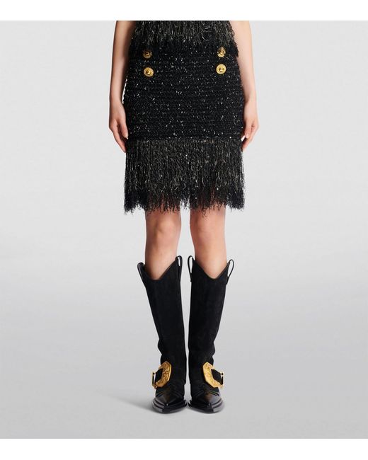 Balmain Black Tweed Fringed Mini Skirt
