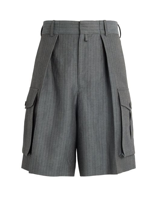 Dries Van Noten Gray Linen-Wool Pinstripe Shorts for men