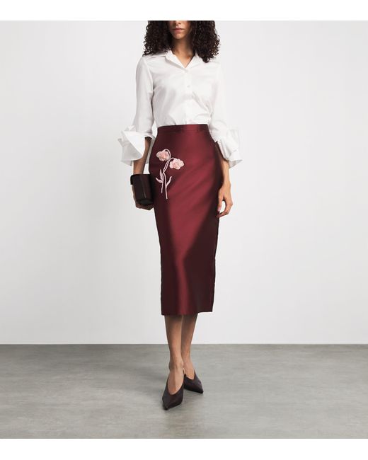 Erdem Embroidered Mikado Midi Pencil Skirt