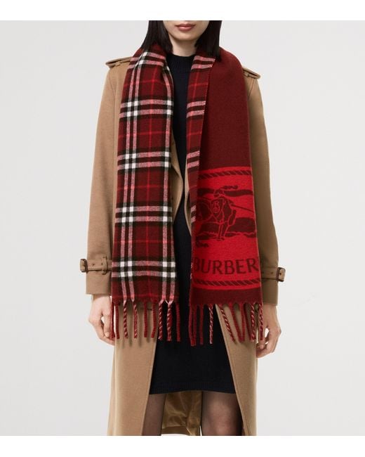 Burberry Red Cashmere Reversible Knight Stamp Scarf