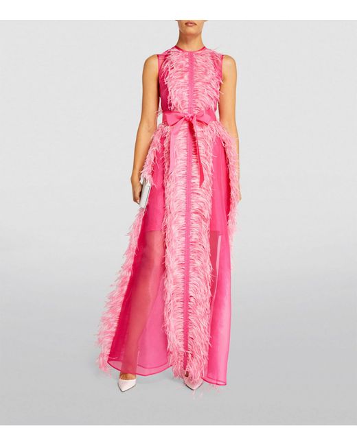 Huishan Zhang Pink Exclusive Silk Feather-trim Beau Gown