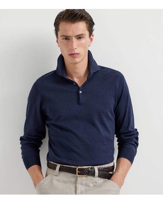 Brunello Cucinelli Blue Cotton Polo Sweater