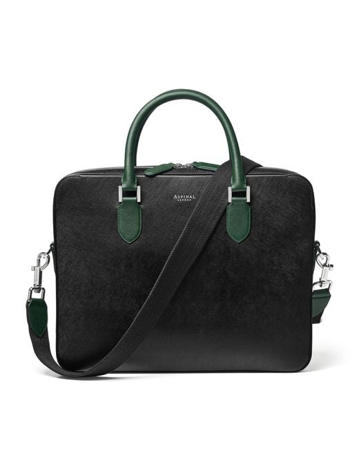 Aspinal Black Slim Leather Shield Briefcase for men