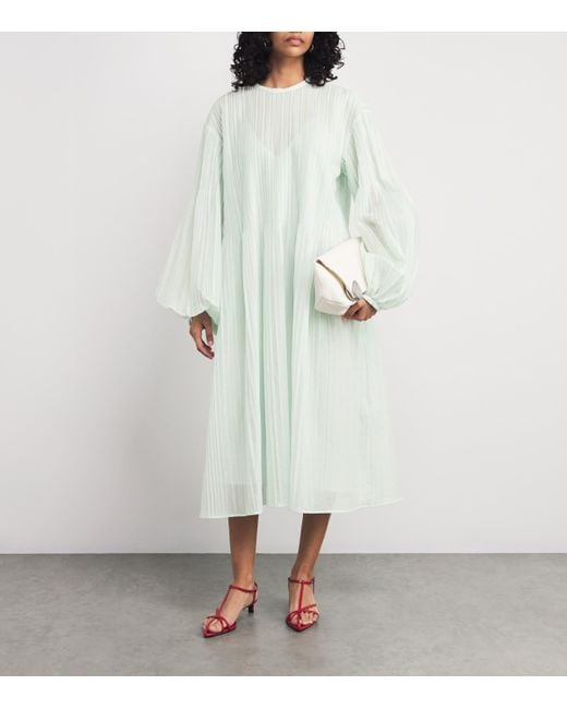 Jil Sander White Cotton Semi-Sheer Pleated Midi Dress