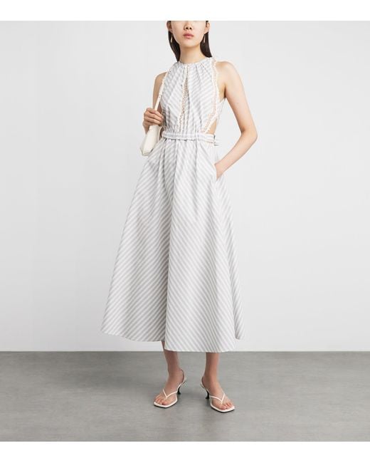 Sandro White Cotton Stripe Embroidered Midi Dress