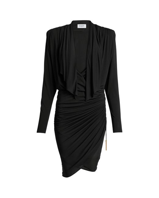 Balmain Black Draped Long-Sleeve Mini Dress