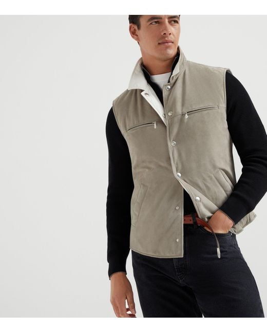 Brunello Cucinelli Brown Leather Reversible Padded Gilet for men