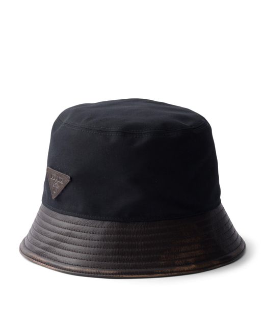 Prada Blue Leather-Trim Logo Bucket Hat for men
