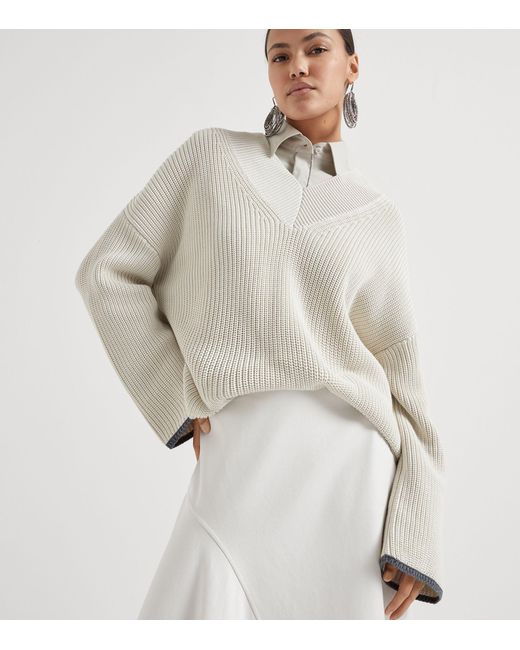 Brunello Cucinelli White Cotton English Rib Sweater