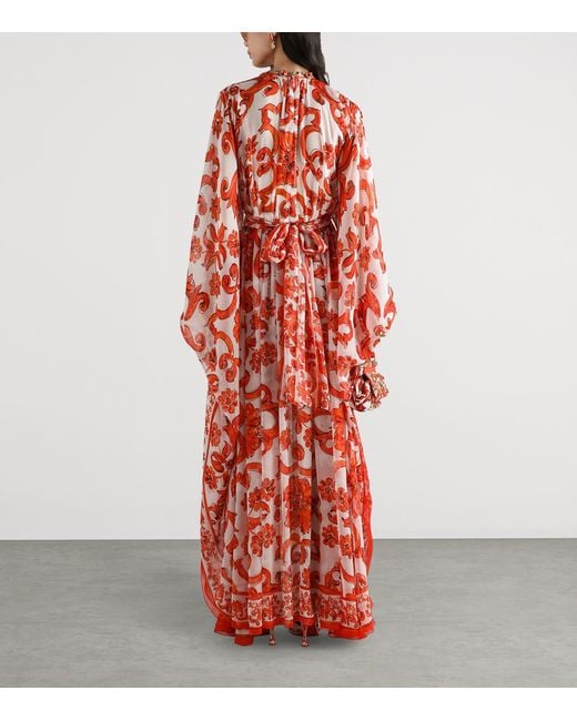 Dolce & Gabbana Red Silk Majolica Print Kaftan Maxi Dress