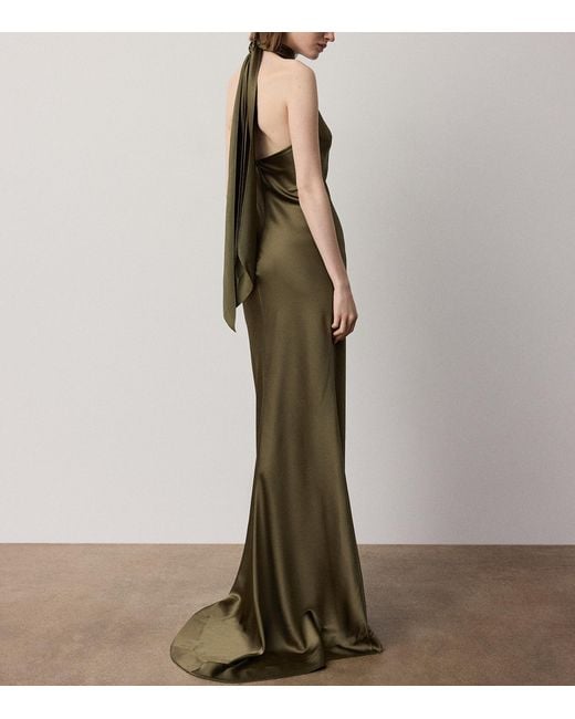 Ralph Lauren Green Chilton Stretch Satin Halter Evening Dress