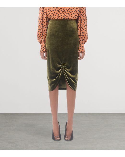 Valentino Green Velvet Gathered Midi Skirt