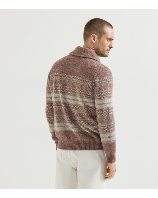 Brunello Cucinelli Brown Jacquard Shawl-Collar Cardigan for men