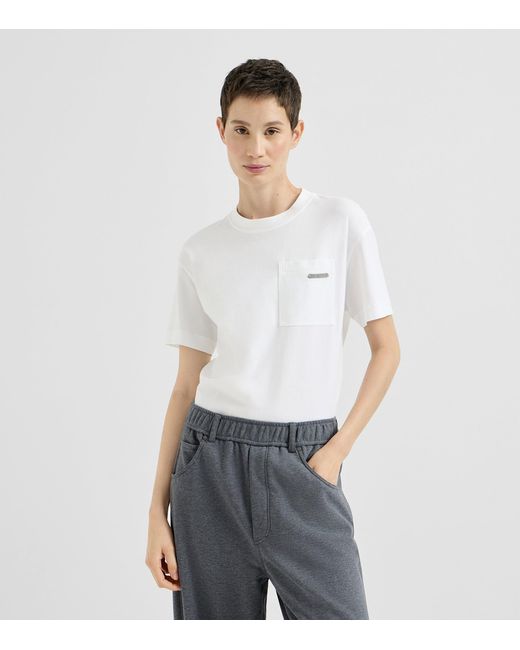 Brunello Cucinelli White Cotton Monili-Trim T-Shirt