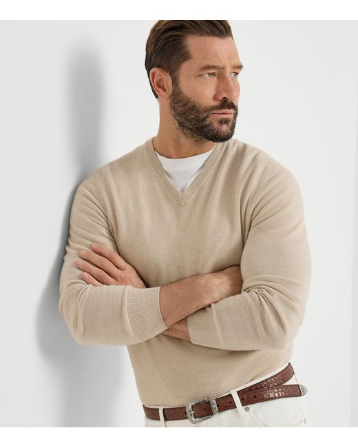 Brunello Cucinelli White Cashmere V-Neck Sweater for men