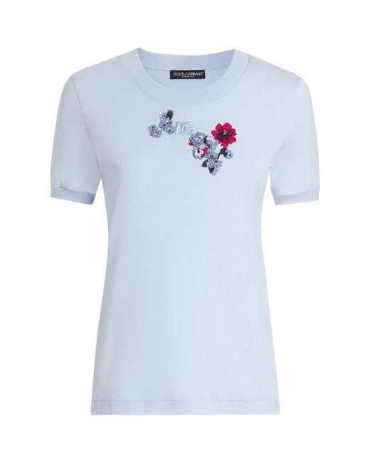 Dolce & Gabbana Blue Floral Appliqué Logo T-Shirt