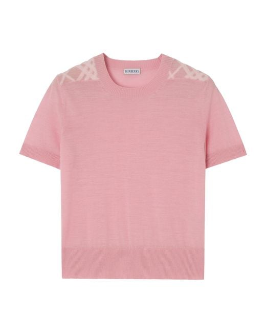 Burberry Pink Wool-Silk Check Panel T-Shirt