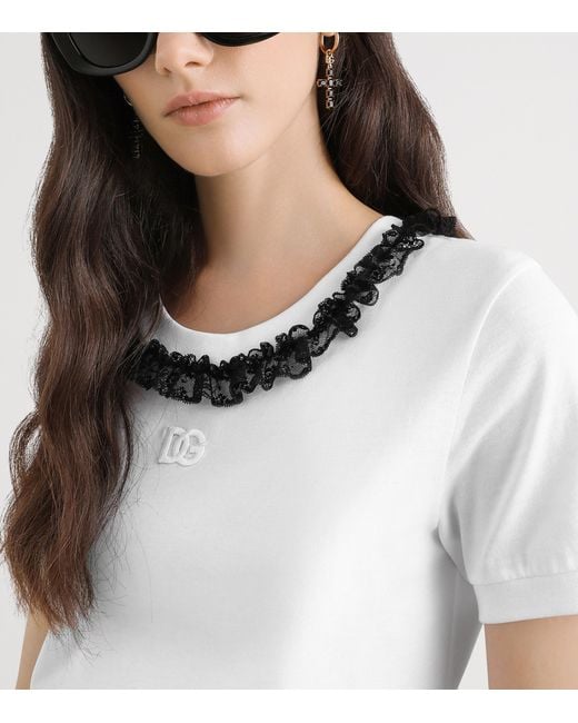 Dolce & Gabbana White Ruffle-Trim Dg Millennials T-Shirt