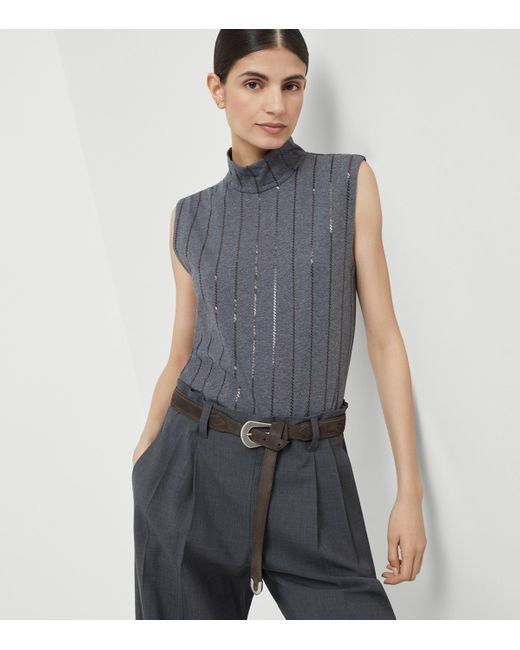 Brunello Cucinelli Gray Cotton Sequin-Stripe Sleeveless Top