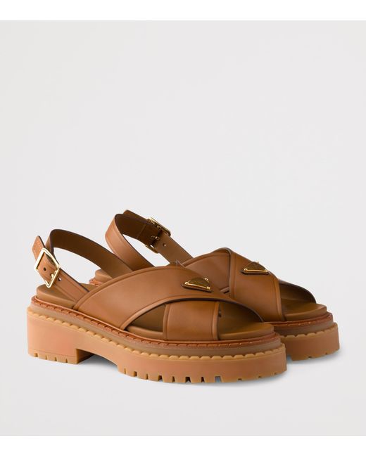 Prada Brown Leather Crossover Platform Sandals 55