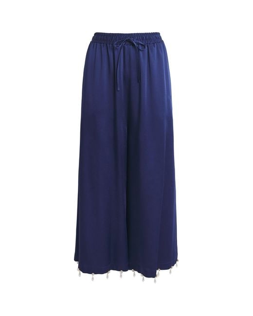 Stella McCartney Blue Satin Faux Pearl-Embellished Wide-Leg Trousers