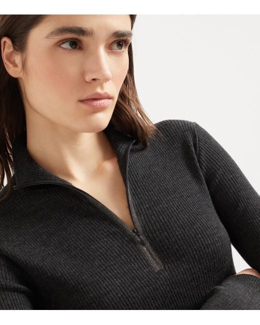 Brunello Cucinelli Black Virgin Wool-Cashmere Rib-Knit Sweater
