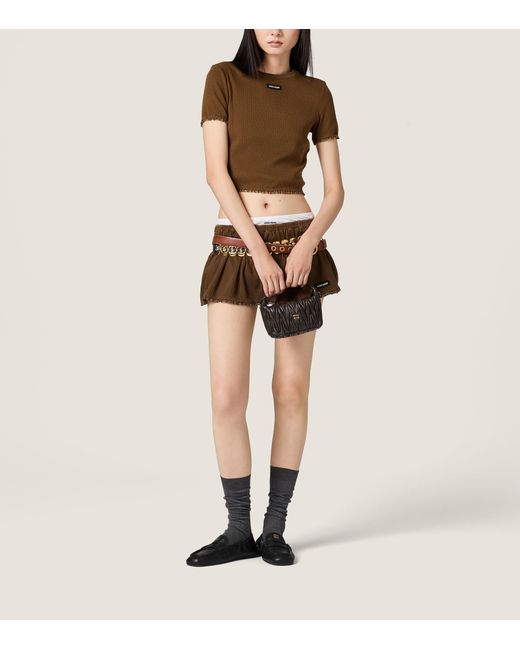 Miu Miu Brown Cotton Pointelle Cropped T-Shirt