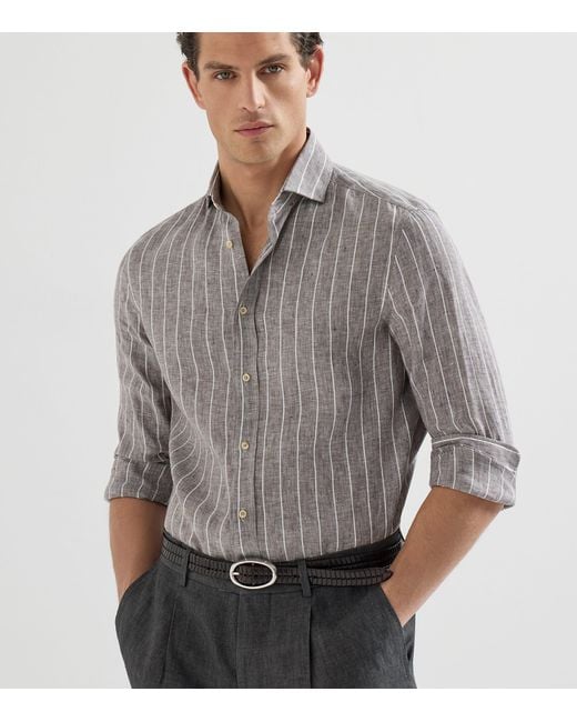 Brunello Cucinelli Gray Linen Chalk Stripe Shirt for men