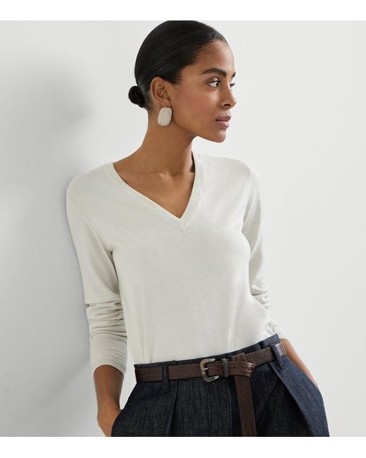 Brunello Cucinelli Gray Cashmere-Silk-Blend V-Neck Sweater
