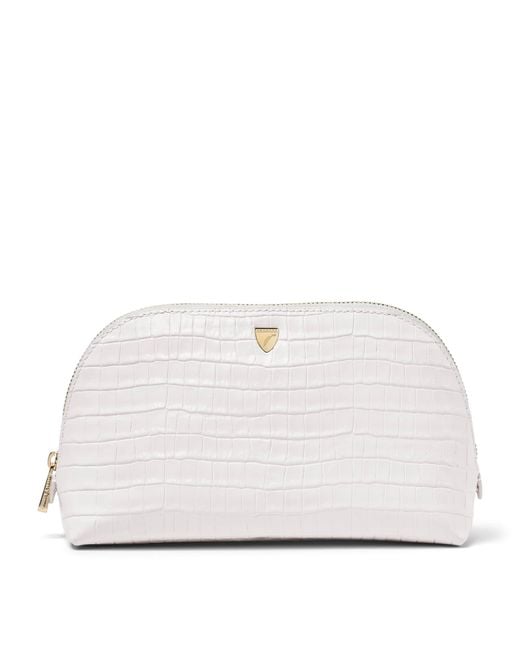 Aspinal White Small Leather Croc-Embossed Cosmetic Case