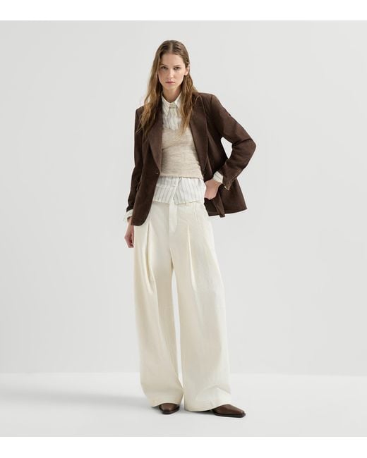Brunello Cucinelli Natural Silk-Alpaca-Wool Lace-Detail Top