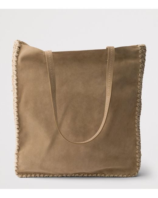 Prada Natural Large Suede And Crochet Tote Bag
